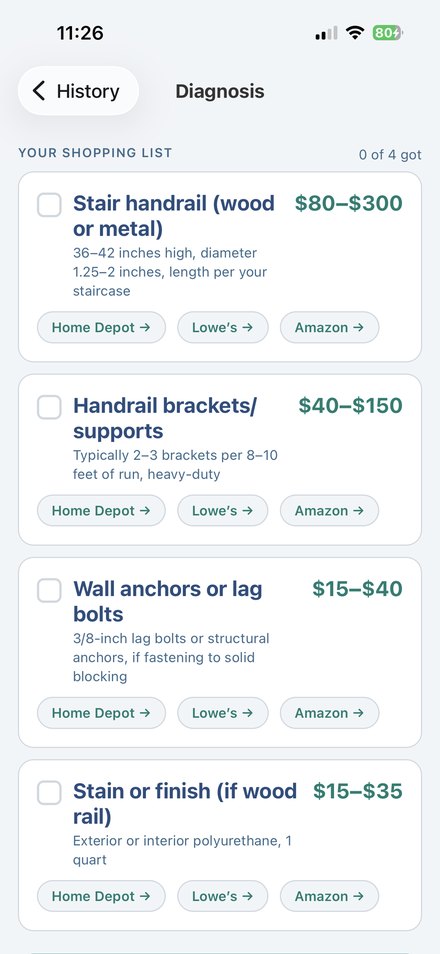 SnapDiagnose shopping list with parts, price ranges, and Home Depot, Lowe's, and Amazon links.