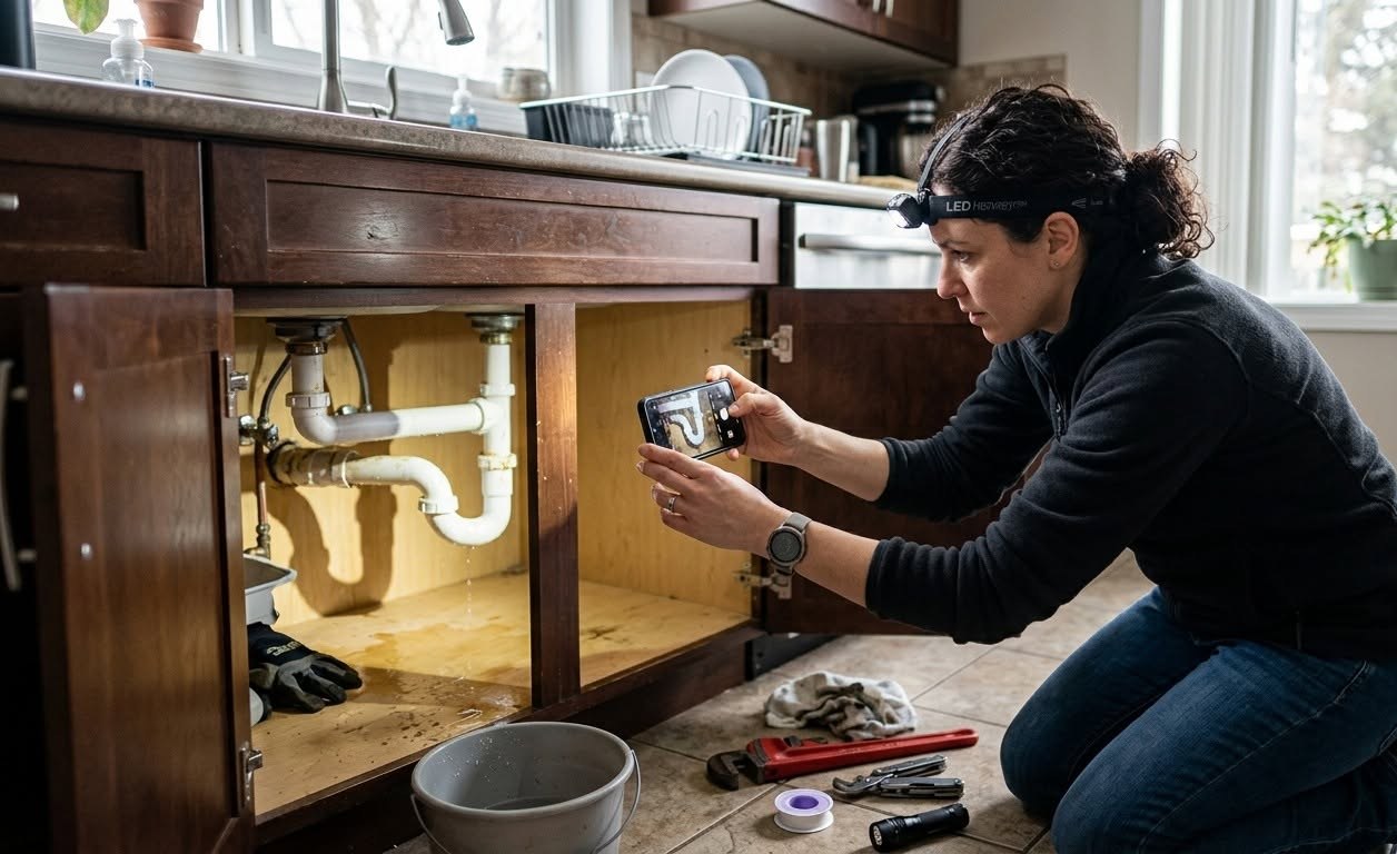 A homeowner kneeling beside an open kitchen cabinet, photographing a leaking pipe under the sink with her phone, a bucket and wrench beside her.