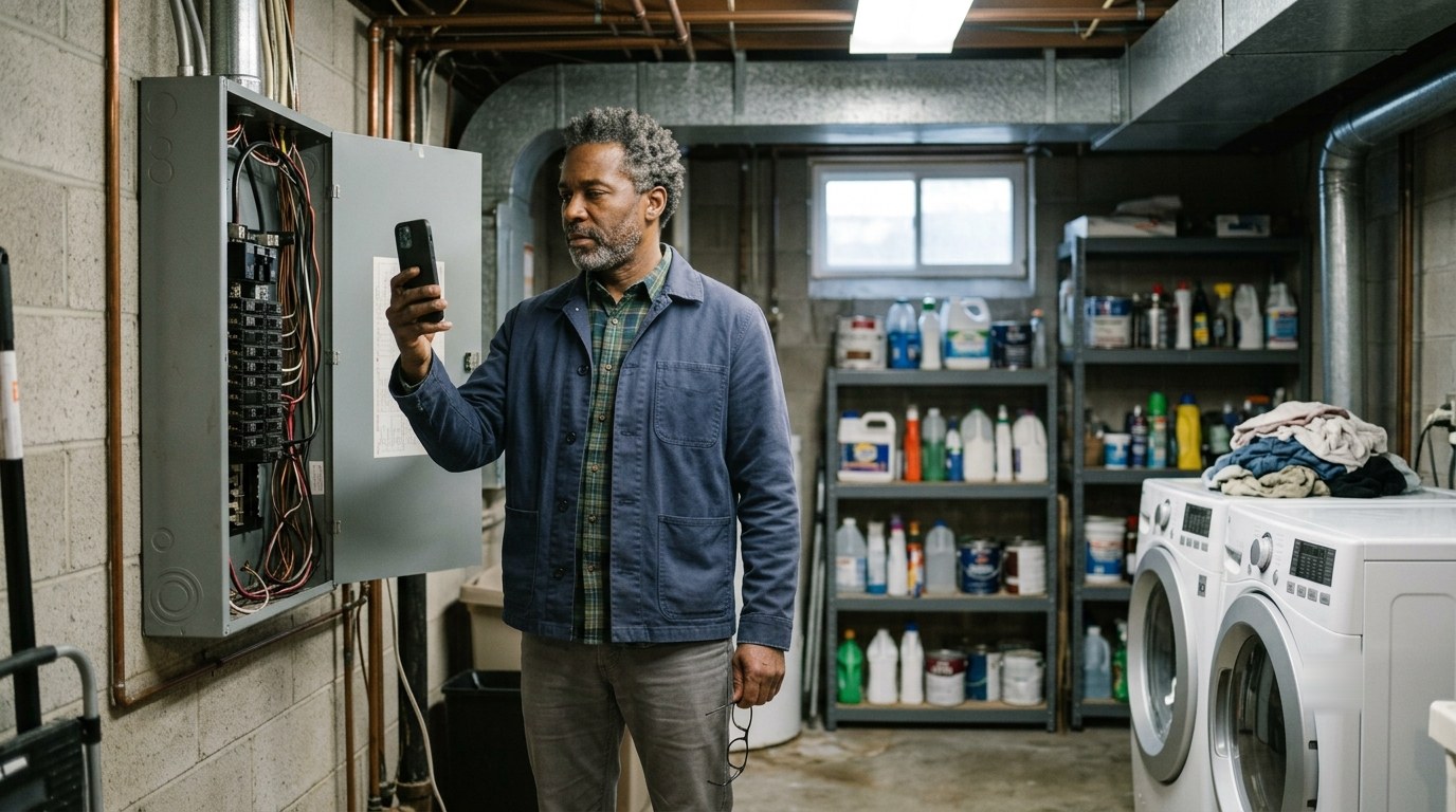 A man standing back from an open electrical panel in a basement utility room, photographing it with his phone rather than reaching inside.